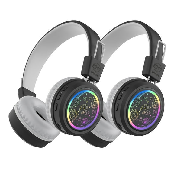 MEE audio 2-Pack of KidJamz Bluetooth Wireless Headphones for Kids w/ Multipoint, LED Lights, 40h battery; Mic; Children's Headset for School/Classroom/Online Learning (KJ55BT-S, 2 PACK)