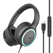 MEE audio Halo Over-Ear USB-C Headphones with Mic & LED Ambience, Inline mic & 3-button Remote for Calls, Gaming & Media; 10-pattern LED Ambient Light, USB C for Phones, Tablets & Laptops Black