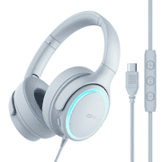 MEE audio Halo Over-Ear USB-C Headphones with Mic & LED Ambience, Inline mic & 3-button Remote for Calls, Gaming & Media; 10-pattern LED Ambient Light, USB C for Phones, Tablets & Laptops Grey