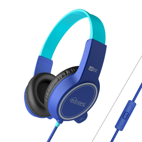 MEE audio KidJamz 3 Kids Safe Listening Headphones with Volume Limiter & Built-in Microphone, Adjustable On-Ear Headset w/ 3.5mm Jack & Tangle-Free Cord for Online Learning/School/Travel/Tablet（Blue）