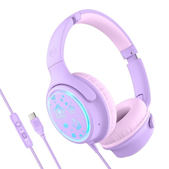 MEE audio KidJamz KJ65U Over-Ear USB-C Kids Headphones w/ LED Lights, Volume Limiter for iPhone & Other Type C Devices (Lavender)