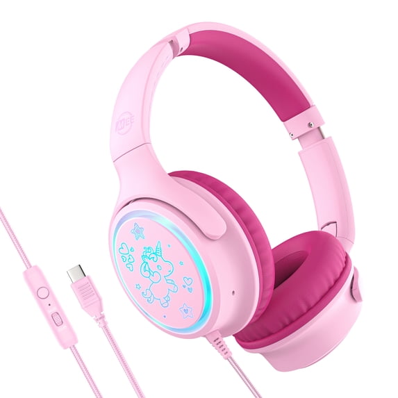 MEE audio KidJamz KJ65U Over-Ear USB-C Kids Headphones w/ LED Lights, Volume Limiter for iPhone & Other Type C Devices (Pink)