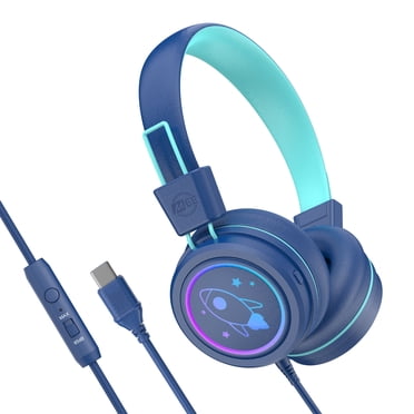 MEE audio KidJamz KJ55 Safe Listening USB-C Kids Headphones with LED Lights for Boys and Girls / Students / School / Library / Classroom (Blue)