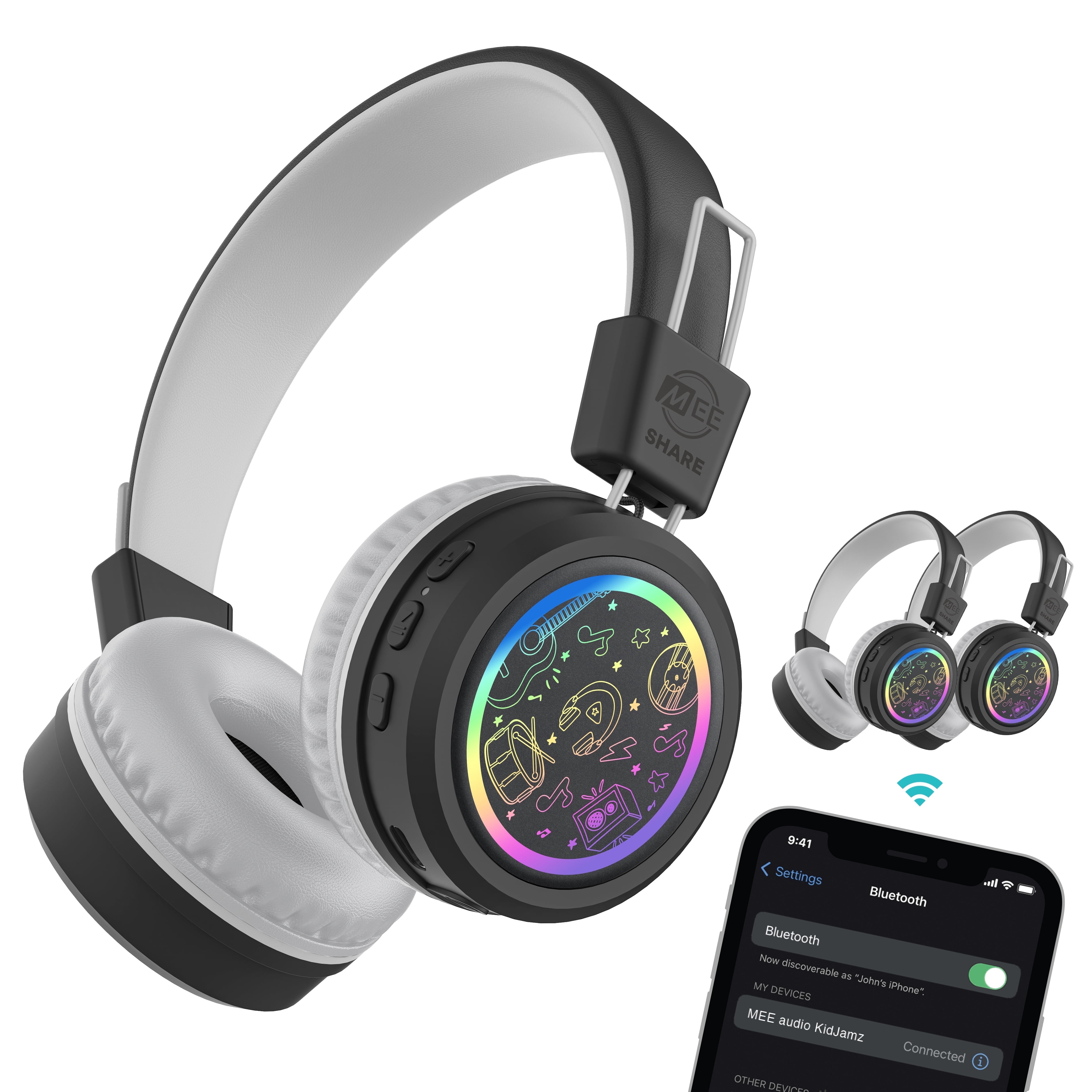 MEE audio KidJamz Share Bluetooth Wireless Headphones for Kids with LED Lights, 85dB Volume Limiter, Mic, 40h battery; Childrens Headset for School/Classroom/Online Learning (Model: KJ55BT-S, 1-Pack)