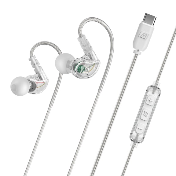 MEE audio M6 Sport USB-C Wired Earbuds with Memory Wire Earhooks with Mic & 3-Button Remote Headset for iPhone 17 & USB Type C Devices (Clear)