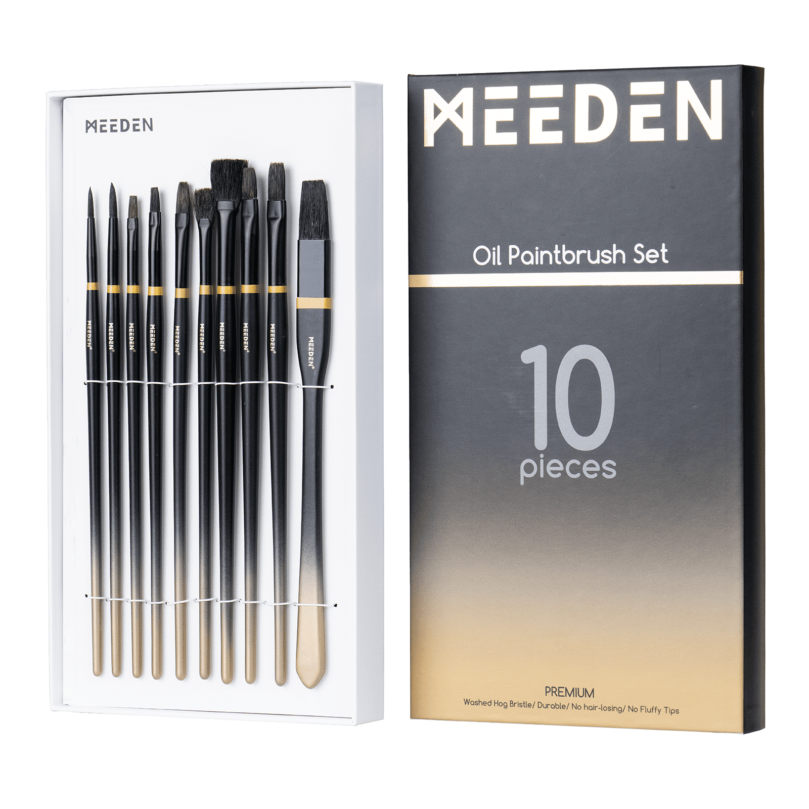 MEEDEN 10 Pcs Oil Paint Brushes, Hog Bristle Hair Paint Brush Set for Acrylic and Oil Painting