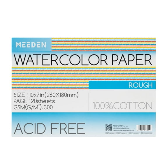 MEEDEN 10" x 7" Watercolor Paper Block, 100% Cotton Watercolor Paper Pad, Rough Grain, 20 Sheets, 140lb/300gsm, Acid-Free Art Paper for Watercolor, Gouache, Ink and More