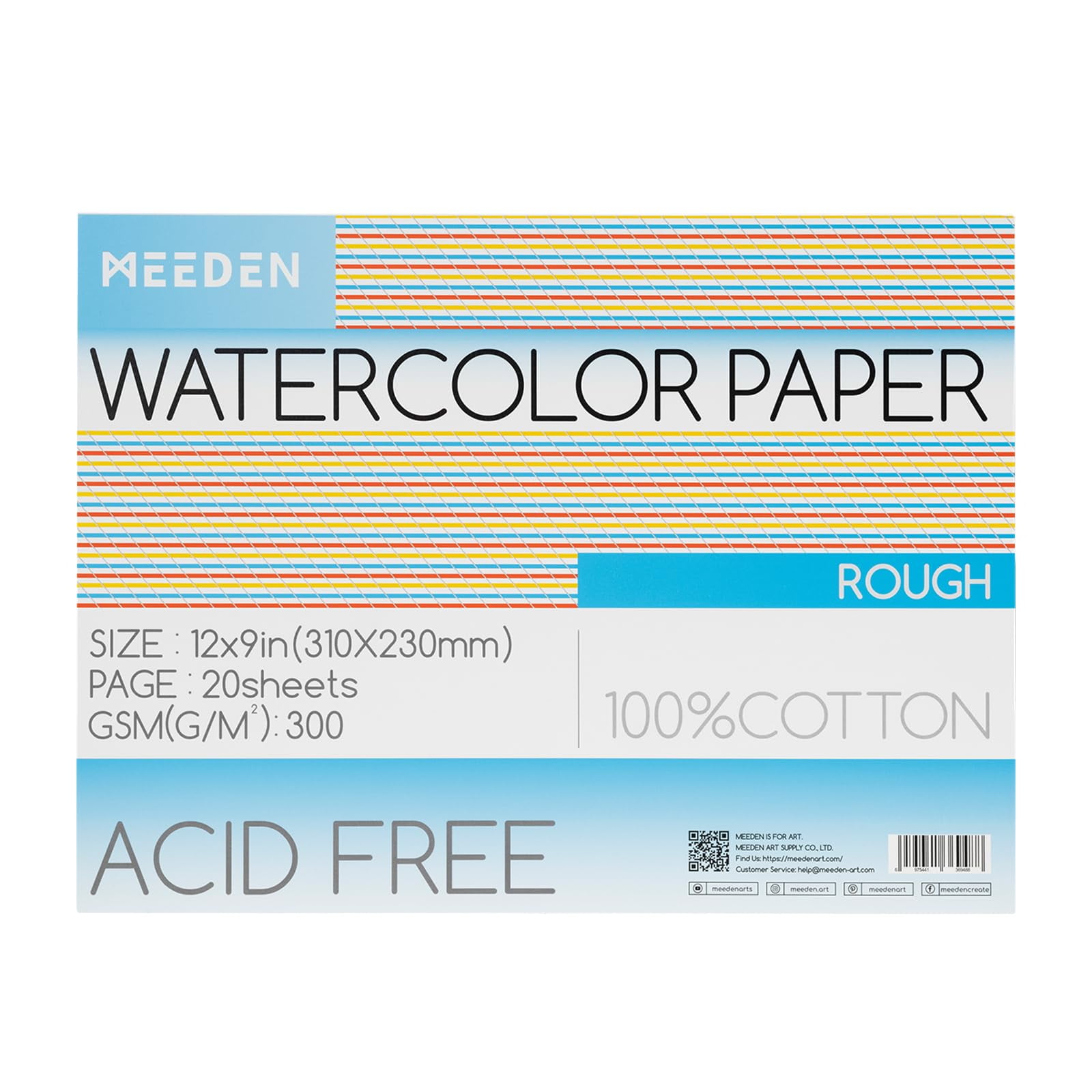 MEEDEN 100% Cotton Watercolor Paper Block, 9" x 12" Watercolor Paper Pad, Rough Grain, 20 Sheets, 140lb/300gsm, Acid-Free Art Paper for Watercolor, Gouache, Ink and More