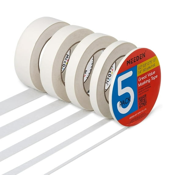 MEEDEN 5 Packs White Artist Tape, 0.2" 0.5" 0.75" 1.0" 1.4" x 60 Yard, Multi-Sized Masking Art Tape, Acid-Free Painters Tape for Painting Drafting Framing, General Purpose for Craft, Office, School