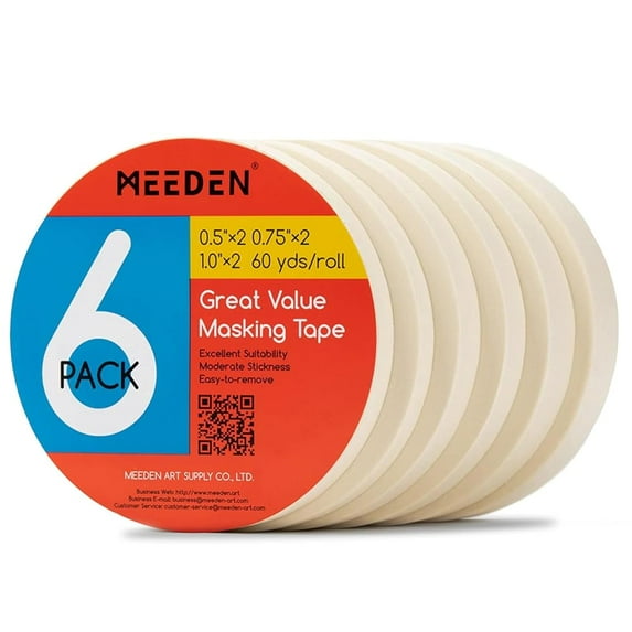 MEEDEN 6 Packs White Artist Tape, 0.5" 0.75" 1.0" x 60 Yard, Multi-Sized Masking Art Tape, Acid-Free Painters Tape for Painting Drafting Canvas Framing, General Purpose for Craft, Office, School