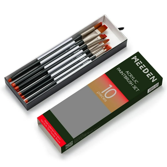 MEEDEN: Acrylic Paint Brushes Set - 10 Piece Variety - Flat, Fan, Angle & Detail Professional Brushes, Nylon Bristles, Natural Wood, Ergonomic Shaped