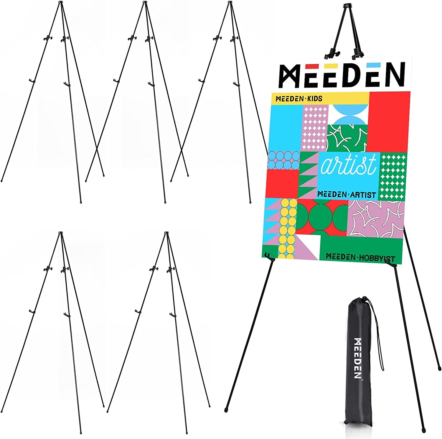 MEEDEN Easel Stand for Display, 63 Tripod Collapsible Artist Floor Easel,  Easy Folding Portable Metal Easel Stand for Signs, Posters, Display Show,  Black, 6 Pack 