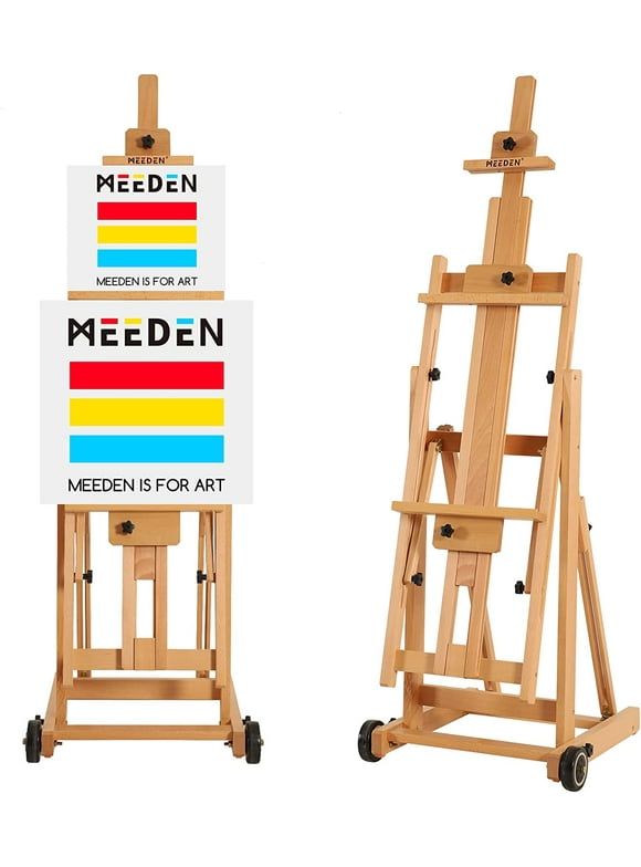 MEEDEN Large H-Frame Studio Easel, Wooden Art Easel with Wheels, Studio Artist Easel for Painting, Movable and Tilting Flat Available, Holds Canvas up to 77"