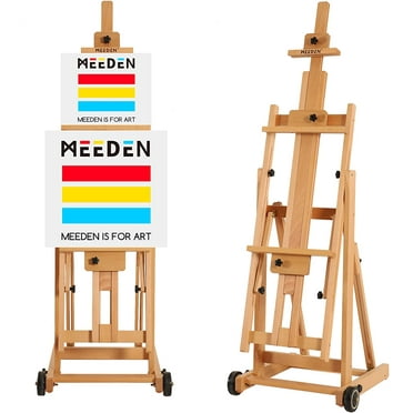 MEEDEN Large H-Frame Studio Easel, Wooden Art Easel with Wheels, Studio Artist Easel for Painting, Movable and Tilting Flat Available, Holds Canvas up to 77"