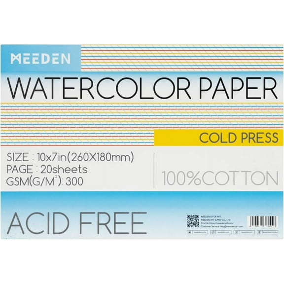 MEEDEN Watercolor Paper Block, 100% Cotton Watercolor Paper Pad of 20 Sheets, 140lb/300gsm, Acid-Free Art Paper for Watercolor, Gouache, Ink and More, 10" x 7" Cold Press