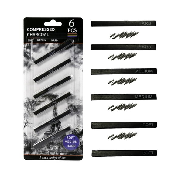 ANNECOSK Charcoal Sticks for Drawing with 2 Soft, 2 Medium, 2 Hard (6 Pieces)
