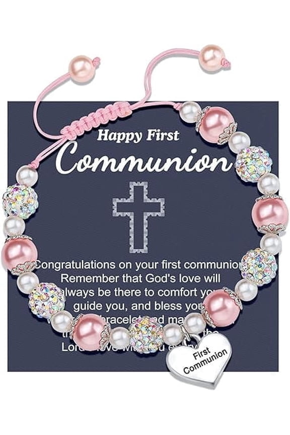 Pink Pearl and Rhinestone Bracelet First Communion Gifts Baptism Gifts for Girls
