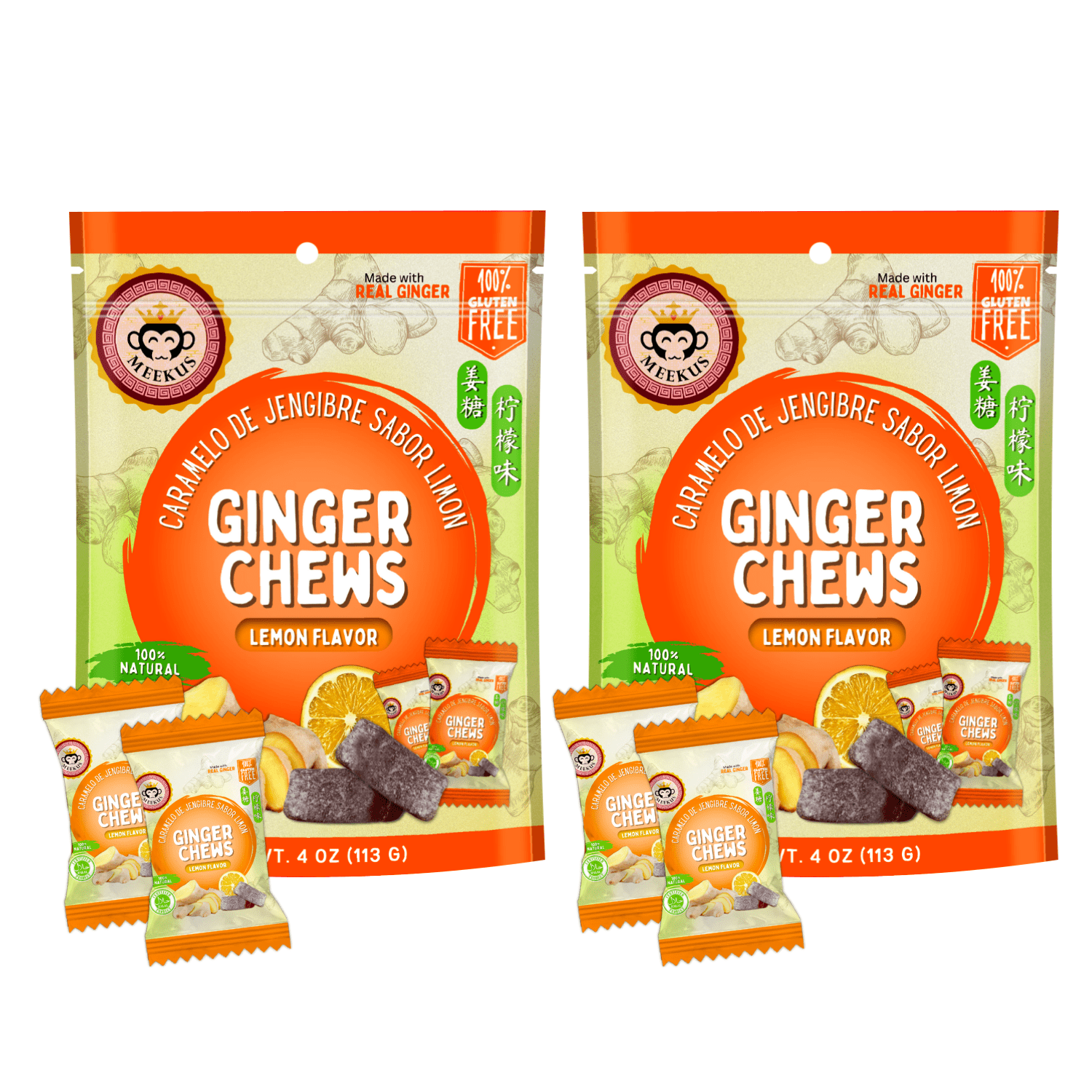 MEEKUS Ginger Chews, Lemon Ginger Chews Natural Ginger, Ginger Candy