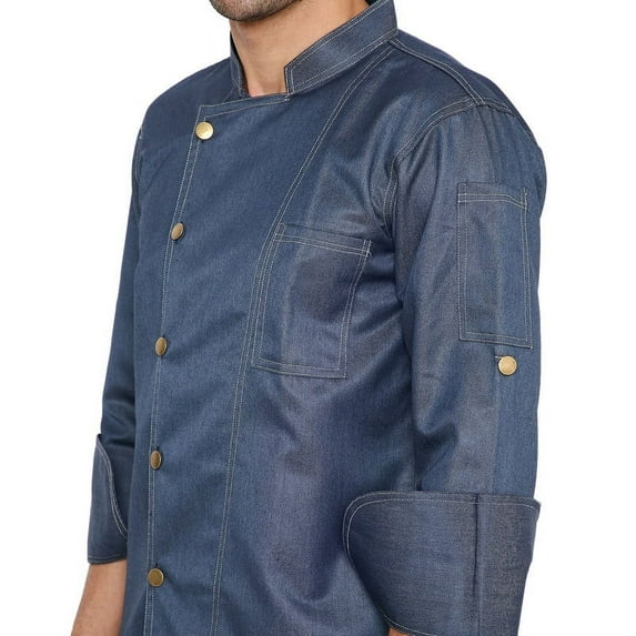 MEERA BEDDING & UNIFORMS Men's Classic Denim Chef Coat Pressional Hotel Kitchen Full Sleeves Jacket/ Restaurant Canteen Working Uniform