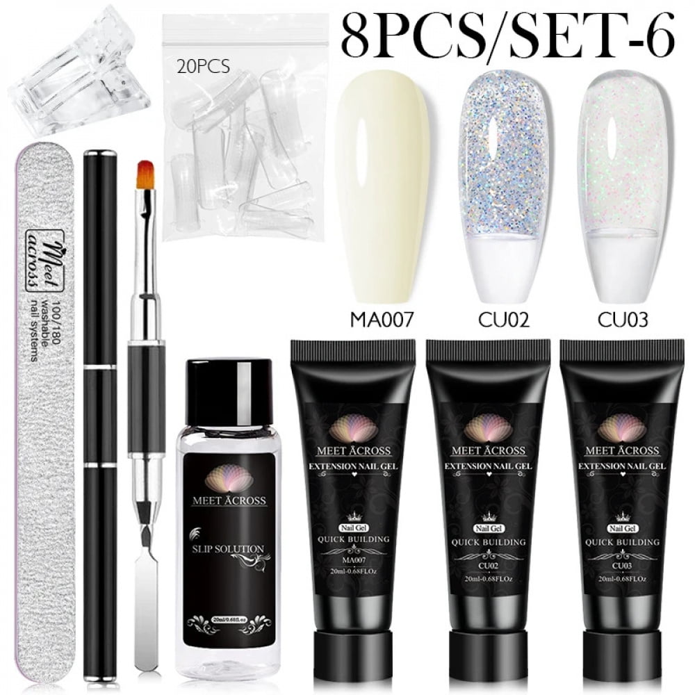 MEET ACROSS Extension Nail Gel Polish Set Acrylic Crystal Building Full ...