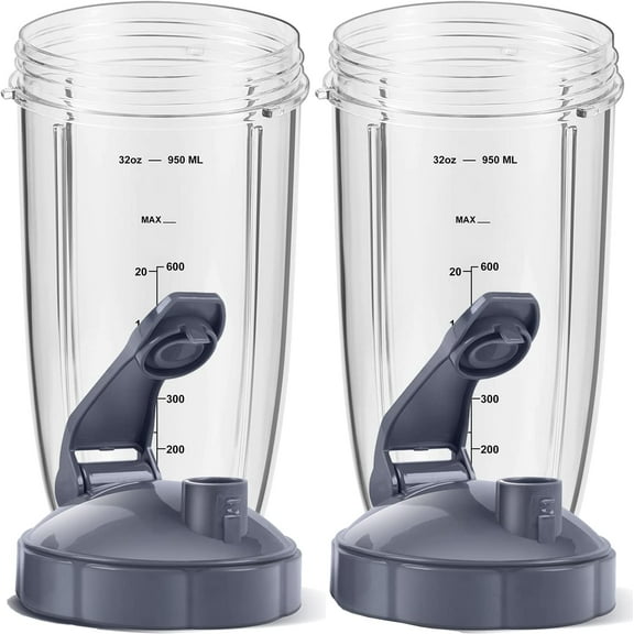 MEET JUICE 2-Pack 32oz Replacement Cups with Flip-Top To-Go Lids & Gaskets (4-Inch Diameter) ;Compatible NutriBullet 600W/900W Series;NOT for Magic Bullet,Lean, RX