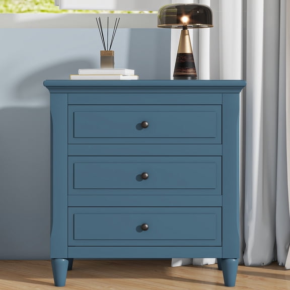 MEETFAV 28" Pine Wood Nightstand with 3 Drawers – Metal Handles, Gliding Rails, Rubber Legs for Bedroom, Office, Blue