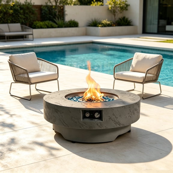 MEETFAV 34" Propane Fire Table with Burner Cover, Glass Stones and Weather Cover for Patio, Garden, Round, 50,000 BTU, Cement Grey