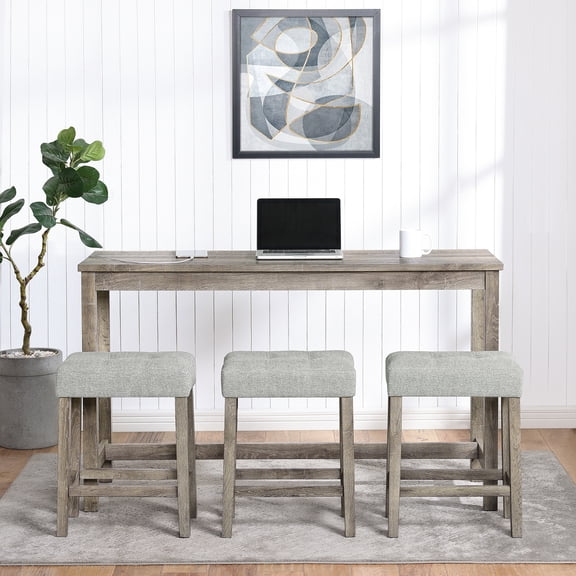 MEETFAV 4-Piece Bar Table Set with Power Outlet, Industrial Dining Table & 3 Upholstered Stools for Dining Room, Brown