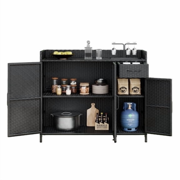 MEETFAV 47.5" Outdoor Grill Cart – Wicker Rattan Design, Tempered Glass Top, 3 Doors, Adjustable Shelf, Drawer for Cushions, Pool Toys, Black