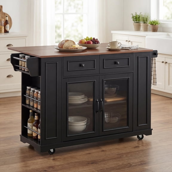 MEETFAV 54" Mobile Kitchen Island with Power Outlet – Glass Door Storage, Open Shelves, Towel Rack, Spice Rack, Knife Holder for Kitchen, Dining, Black