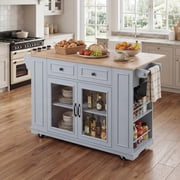 MEETFAV 54" Mobile Kitchen Island with Power Outlet   Glass Door Storage, Open Shelves, Towel Rack, Spice Rack, Knife Holder for Kitchen, Dining, Blue Gray