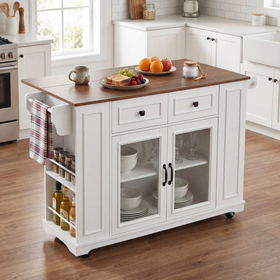 MEETFAV 54" Mobile Kitchen Island with Power Outlet – Glass Door Storage, Open Shelves, Towel Rack, Spice Rack, Knife Holder for Kitchen, Dining, White