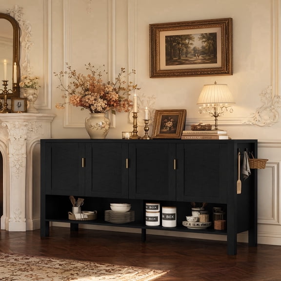 MEETFAV 55.1'' Modern Sideboard Buffet with 4 Doors, 2-Tiers Adjustable Shelves, Double Hooks, Suitable for Living Room, Hallway, Office, Black