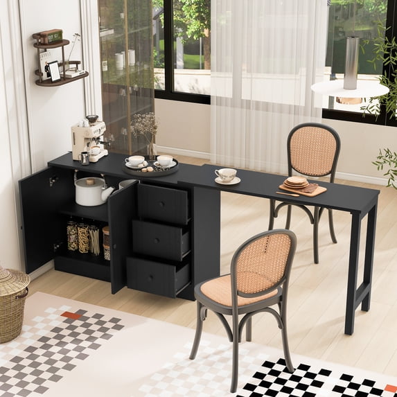 MEETFAV 89.7" Kitchen Island with Extendable Table – Wooden Sideboard Storage Cabinet, 2 Doors and 3 Drawers for Living Room, Study, Foyer, Kitchen, Black