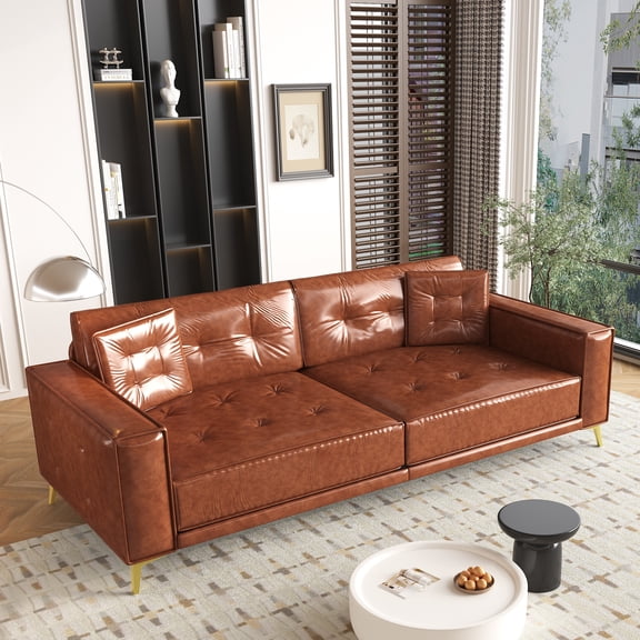 MEETFAV 92.1" Black King Size Pull Out Sofa Bed, 3-in-1 Faux Leather Convertible Sleeper Sofa with Ultra Wide Armrests, 4-Seater Couch with 2 Pillows for Living Room, Light Brown