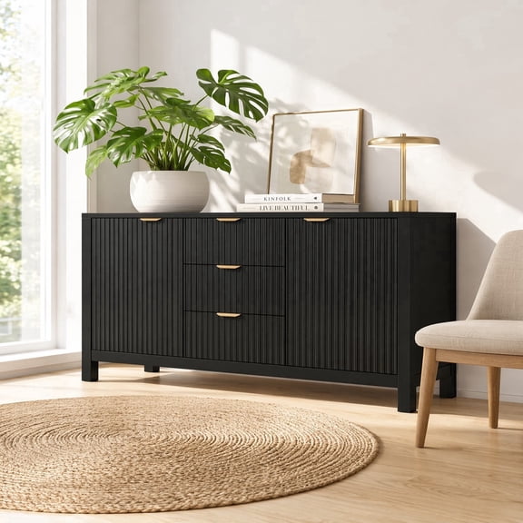 MEETFAV Sideboard with Wave Design, Storage Console Table with Adjustable Shelves, Drawers & Soft-Close Doors for Study and Living Room, Black