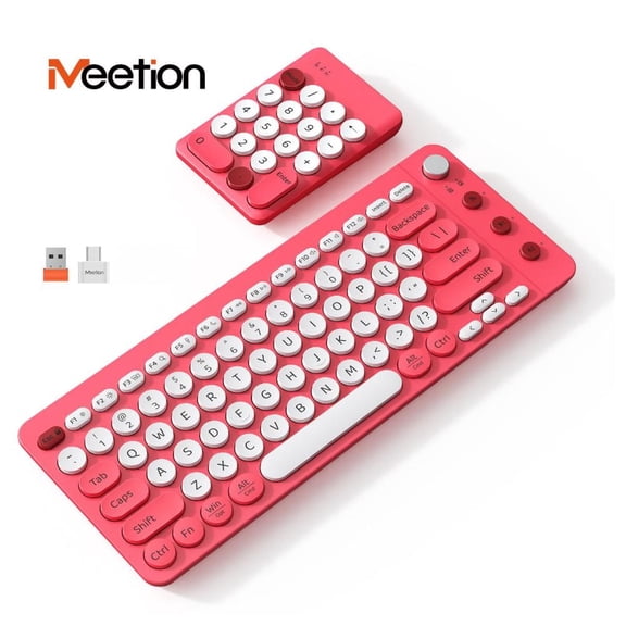 MEETION 9110 Wireless Ergonomic Split Keyboard with Detachable Number Pad, Portable Bluetooth Combo for Accountants & Left-Handed Users, Pink