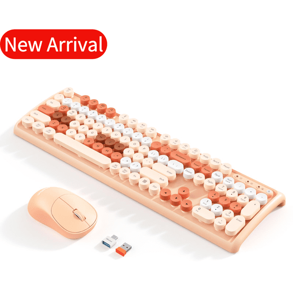 MEETION Creamy Wireless Keyboard and Mouse Combo, Cute Round Keycaps, 2.4G Plug & Play, Full-Size Quiet Set for Girls