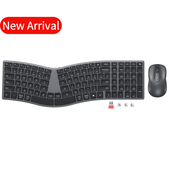Meetion Split Ergonomic Keyboard & Mouse Combo, Wireless 2.4G/Dual Bluetooth, S-Curve Design, 109 Keys Rechargeable, Graphite Gray