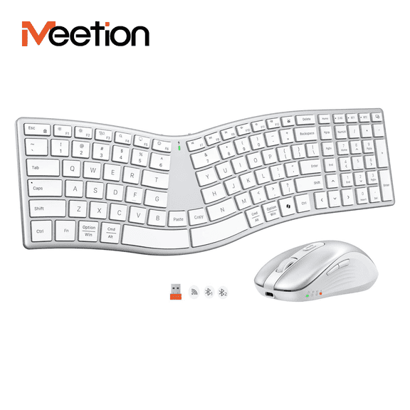 Meetion Ergonomic Split Keyboard and Mouse, S-Curve, 2.4G Bluetooth, Rechargeable for Win/Mac - White