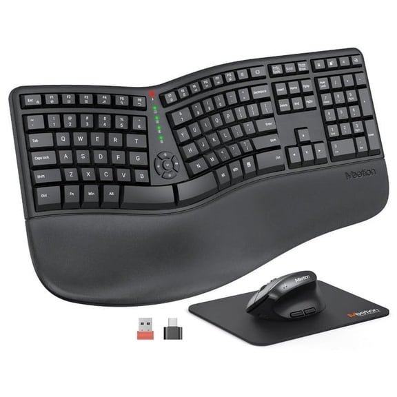 MEETION Ergonomic Keyboard and Mouse, Wireless Keyboard with Vertical Mouse, Split Curved Keyboard with Wrist Rest, Natural Typing USB Receiver Rechargeable Full Size, Windows/Mac/PC/Laptop, Large