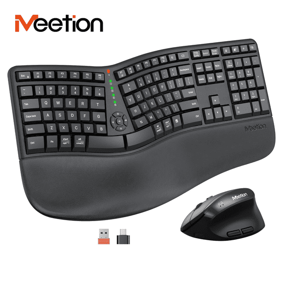 Meetion Ergonomic Split Keyboard and Vertical Mouse, Wireless, Wrist Rest, Rechargeable for Win/Mac Black