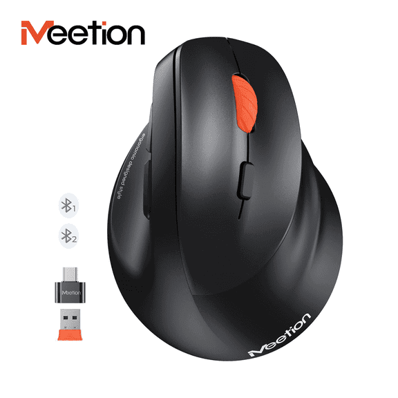 Meetion Vertical Ergonomic Mouse, Bluetooth & 2.4G Wireless, AA Battery, Adjustable DPI for PC/Mac - Black