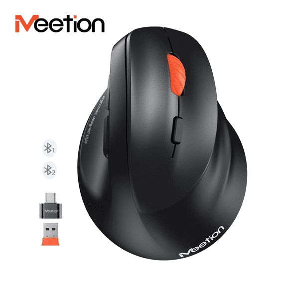 Meetion Vertical Ergonomic Mouse, Bluetooth & 2.4G Wireless, AA Battery, Adjustable DPI for PC/Mac - Black