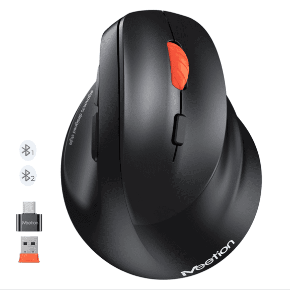 MEETION Ergonomic Wireless Bluetooth Vertical Mouse, 3-Device Connectivity, 4 Adjustable DPI Levels, USB-A to USB-C Adapter, Large Hand Design, Compatible with Mac/Windows/PC/Laptop