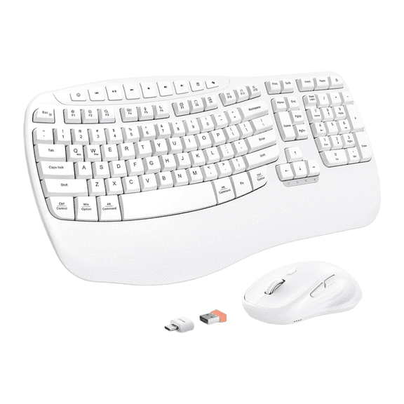 Meetion USB Wireless Ergonomic Keyboard and Mouse Combo with Wrist Rest & Wave Keys, White, For Windows/Mac