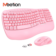 Meetion Ergonomic Keyboard and Mouse, Wave Keys with Wrist Rest, 2.4G, for PC/Laptop, Pink
