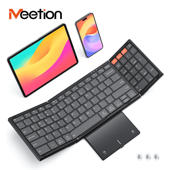 Meetion Foldable BT Keyboard with Touchpad & Num Pad, Portable, Rechargeable for Laptop/Tablet
