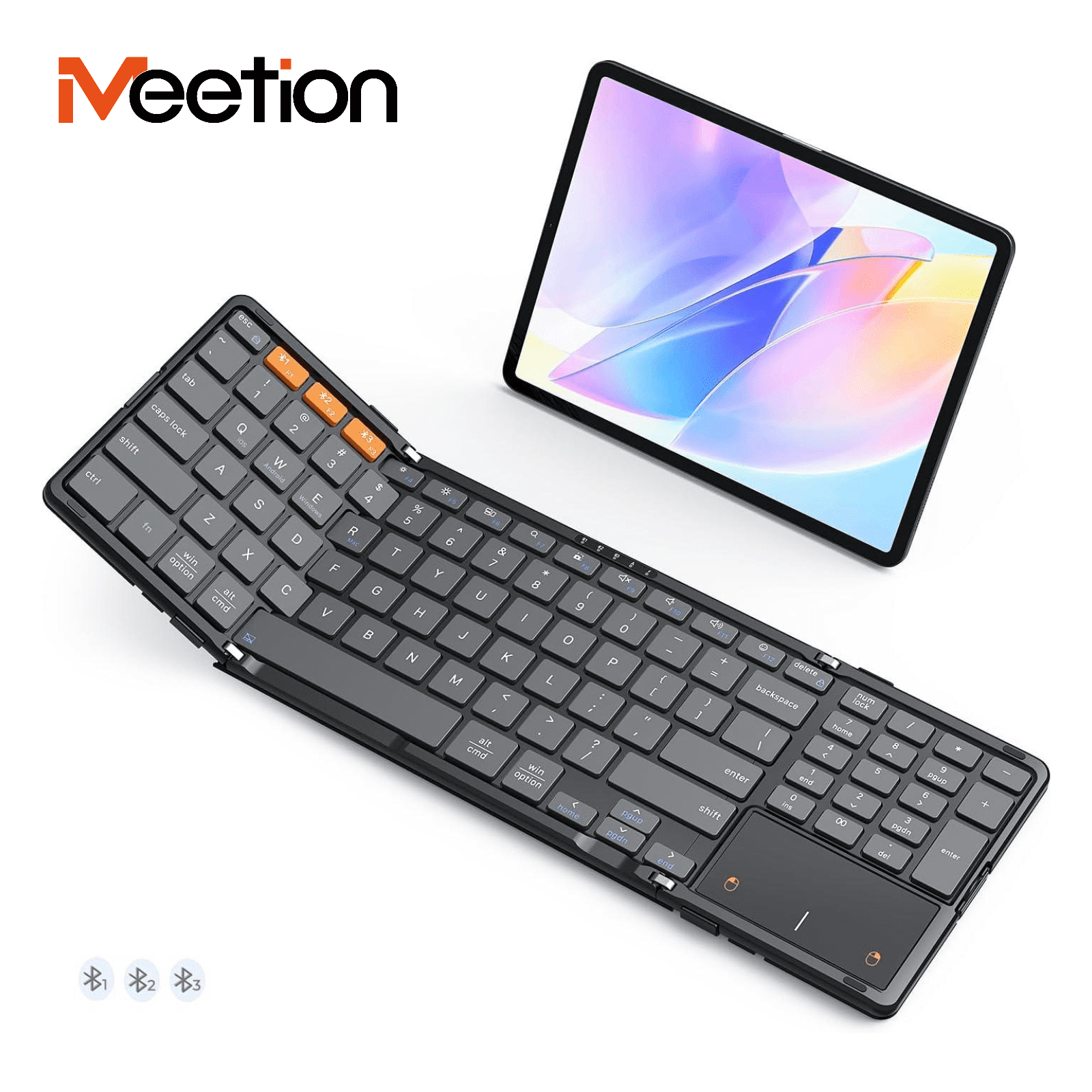 Meetion Foldable Bluetooth Keyboard, Full Size with Number Pad & Touchpad, Rechargeable for Travel