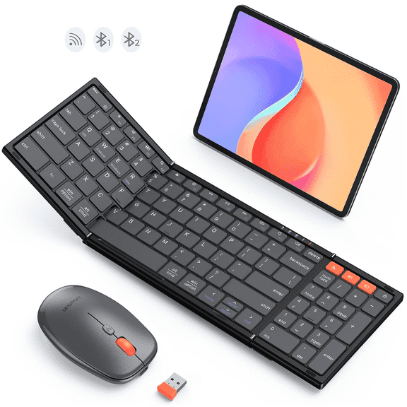 MEETION Foldable Keyboard and Mouse Combo, Portable Wireless, Rechargeable, 2.4G+Dual Bluetooth for Windows/Mac/iOS/Android